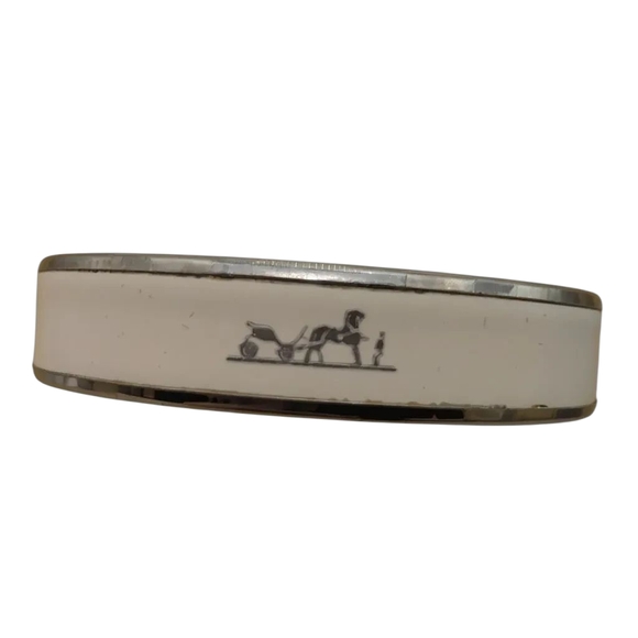 Hermes Caleche Silver and White Enamal Bangle Bracelet